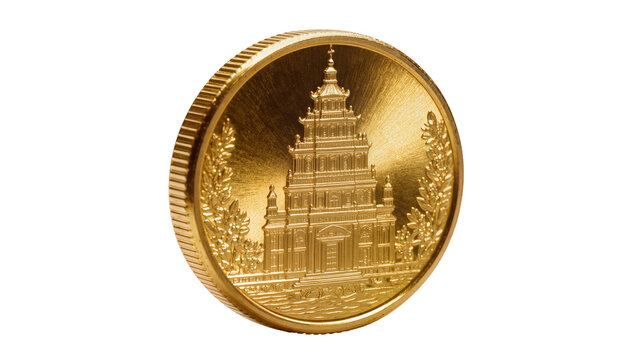 Golden coin with intricate building relief and laurel branches, isolated on transparent background
