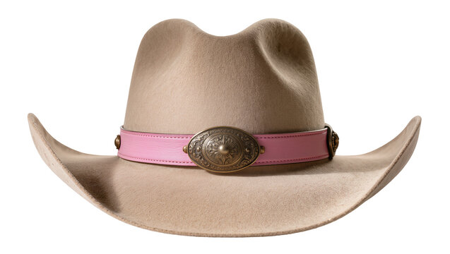 Tan felt cowboy hat with pink leather band and ornate buckle, isolated on transparent background