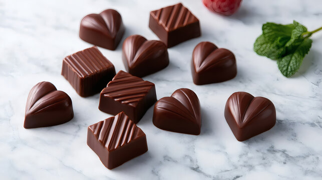 Assorted heart and square shaped dark chocolate pralines on marble background with mint and raspberry. Elegant dessert, sweet treat or confectionery concept.
