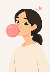 Cute girl blowing up a bubble gum balloon, illustration of a girl