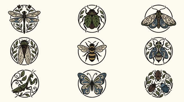 Abstract Insect Inspired Pattern Vector Icon Sheet with Dragonflies, Beetles, Moths, Cicadas, Bees, Mantises, and Butterflies in Circular Frames with Foliage