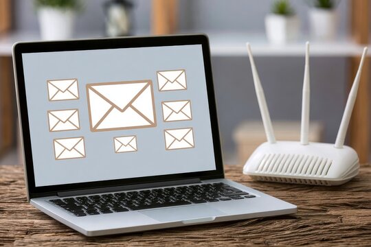 Email inbox blurred on screen with warning-style color lighting and router shelf in a modern apartment, close-up macro detail.