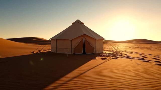 A serene time-lapse shows a luxury glamping tent in the vast desert during a golden sunrise. Long shadows stretch over the sand dunes as the morning sun climbs higher into the clear sky.