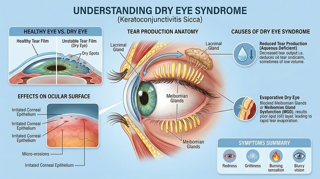 Medical infographic explaining dry eye syndrome with a comparison of healthy and unstable tear films, tear production anatomy including lacrimal and meibomian glands, ocular surface effects and