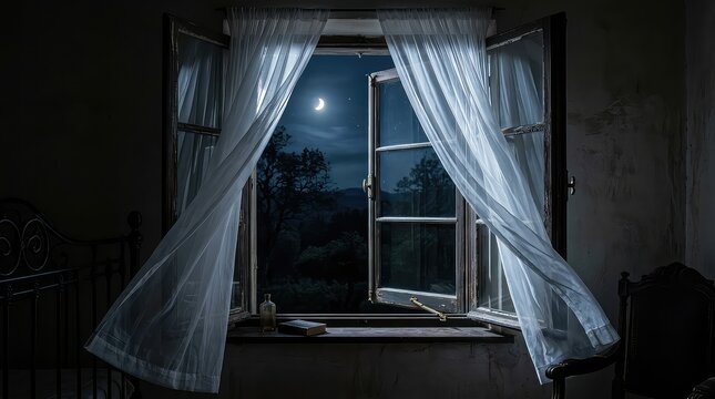 Open window with curtains at night. Full moon view from a dark bedroom.