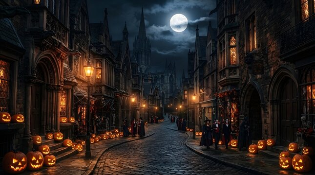 A spooky dark alleyway at night illuminated by glowing jack o lanterns and a full moon perfect for use as a festive halloween wallpaper background
