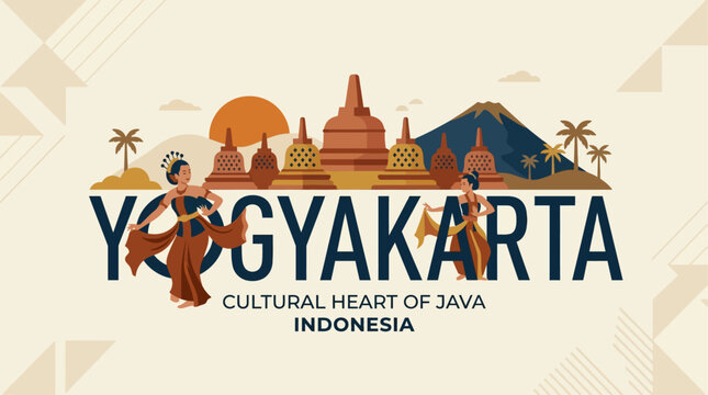 A serene flat design vector illustration featuring 'YOGYAKARTA' typography, subtly incorporating elements of Borobudur temple stupas and Javanese dancers, presented in a warm, cultural color palette.