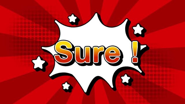 Sure text word lettering popup comic cartoon reveal with bomb and smoke explosion manga anime book page dots with radial speed lines doodle red background with seamless loop animation retro
