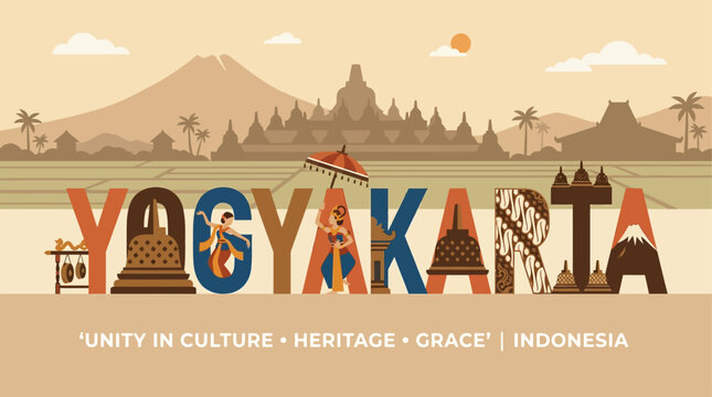A serene flat design vector illustration featuring 'YOGYAKARTA' typography, subtly incorporating elements of Borobudur temple stupas and Javanese dancers, presented in a warm, cultural color palette.
