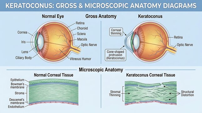 Medical anatomy comparison between a normal human eye and keratoconus showing gross anatomy with cone-shaped protrusion and microscopic views of stromal thinning and structural distortion.