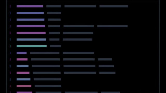 Abstract animated interface panel readout with data rows drawn as blue and cyan glowing lines and dots on a deep dark background. Clean minimal motion graphics element with free space around it, ideal