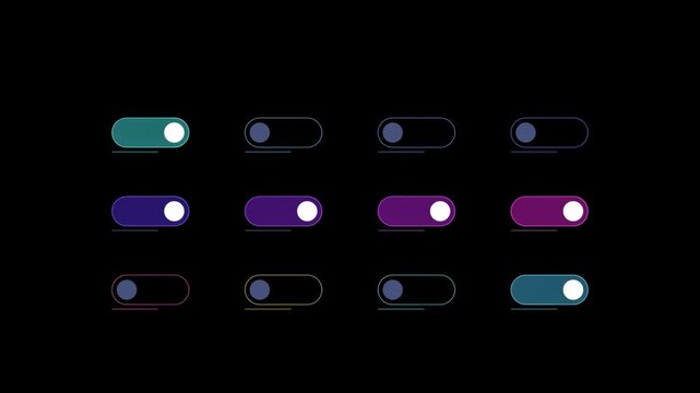 Abstract animated interface panel readout with toggle switches drawn as blue and cyan glowing lines and dots on a deep dark background. Clean minimal motion graphics element with free space around it,