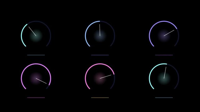 Abstract animated interface panel readout with gauges drawn as blue and cyan glowing lines and dots on a deep dark background. Clean minimal motion graphics element with free space around it, ideal fo