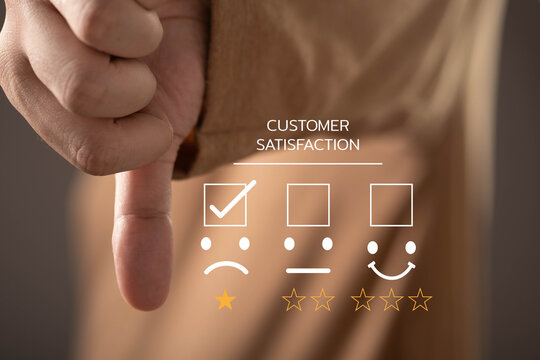 A customer satisfaction survey with a low rating selection on a virtual feedback interface. Concept of negative customer experience, service quality issues, complaints, and reputation management.