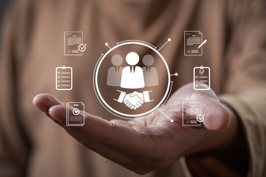 Business partnership and contract management concept featuring teamwork, agreement approval and document workflow. Digital collaboration, compliance processes and professional business services.