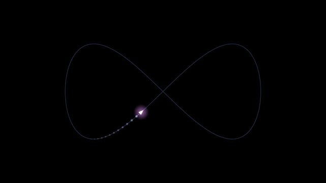 Abstract animated path arrow drawn as violet and blue glowing lines and dots on a deep dark background. Clean minimal motion graphics element with free space around it, ideal for title sequences, user