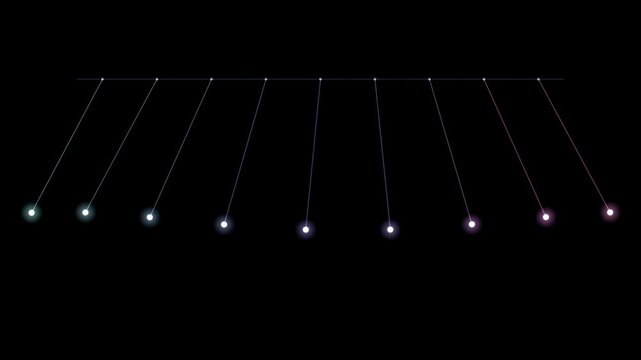 Abstract animated pendulum row drawn as cool blue-white glowing lines and dots on a deep dark background. Clean minimal motion graphics element with free space around it, ideal for title sequences, us