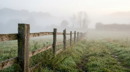 Obraz premium Wooden fence in a foggy meadow. Rural landscape with misty morning field and pasture.