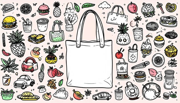 Blank white tote bag mockup surrounded by colorful hand-drawn doodle illustrations of food, drinks, and lifestyle elements on pink background