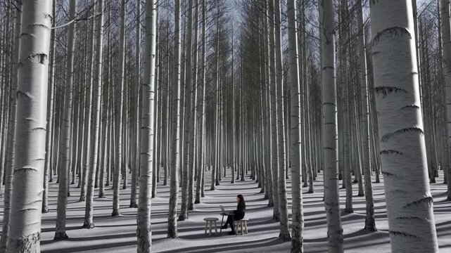 A person sits alone on a stool, working in the middle of a vast, snowy birch forest. The rows of white tree trunks create a repetitive, serene landscape under a bright winter sky.