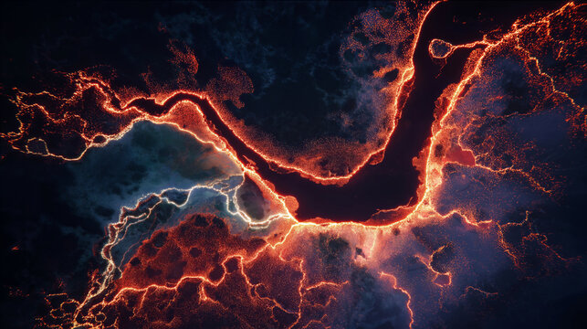 Visualization of cardiovascular system as glowing river delta seen from above, heart as central lake, red and orange bioluminescent tones