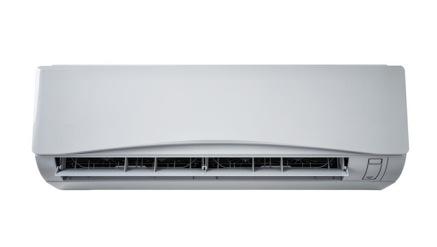 Modern white split air conditioner unit with adjustable louvers, isolated on transparent background