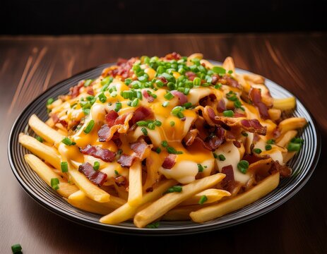 an appetizing dish of loaded fries topped with bacon cheese and green onions presenting a delightful culinary experience that tempts the taste buds and highlights indulgent food