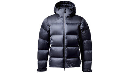 Dark blue hooded puffer jacket with horizontal quilting, isolated on transparent background © Panciuc
