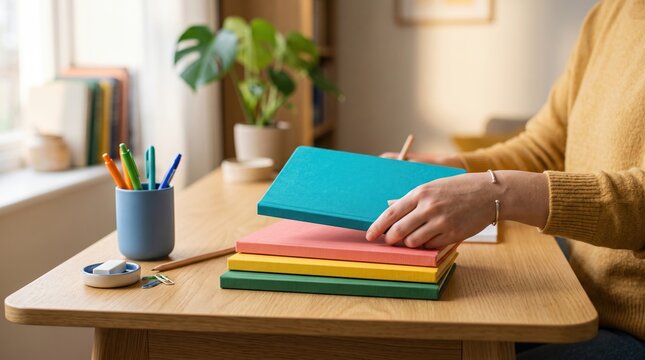 Hand organizing colorful notebooks on a desk