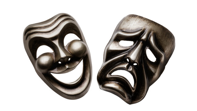 Two metallic theater masks comedy and tragedy, isolated on transparent background