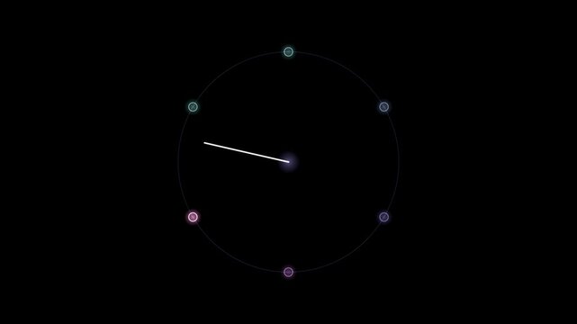 Abstract animated pointer label with a dial drawn as violet and blue glowing lines and dots on a deep dark background. Clean minimal motion graphics element with free space around it, ideal for title 