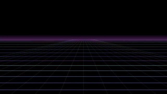 Abstract animated perspective grid floor drawn as cool blue-white glowing lines and dots on a deep dark background. Clean minimal motion graphics element with free space around it, ideal for title seq