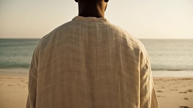 A man in linen clothing stands on a peaceful beach, gazing at the ocean as the camera slowly zooms in on his back during a serene golden hour.