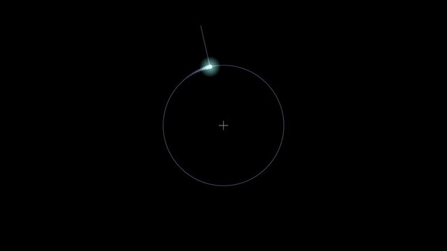 Abstract animated pointer label with orbiting motion drawn as cyan and teal glowing lines and dots on a deep dark background. Clean minimal motion graphics element with free space around it, ideal for
