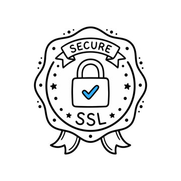 Secure SSL Certificate Web Security Icon Outline Hand Drawn Doodle Badge with Padlock Checkmark and Ribbons