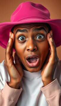 Astonished expression with palms touching cheekbones and pink hat, soft focus, surprise
