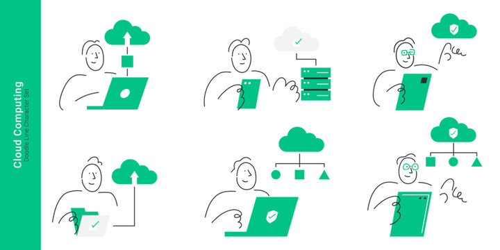 Cloud computing and data storage concepts. Doodle line characters uploading files, managing database servers, securing cloud network, and using laptops.
