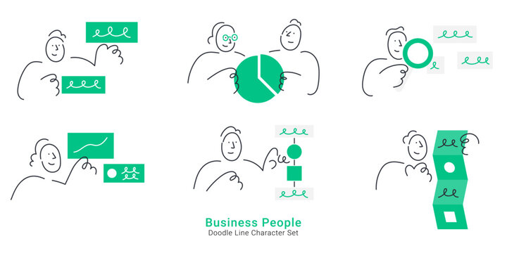 Business strategy and teamwork concepts. Doodle line characters analyzing pie chart, presenting data, inspecting with magnifying glass, and managing workflow.
