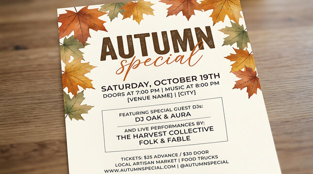 Autumn event flyer with watercolor leaves. Fall season party invitation on cream paper.