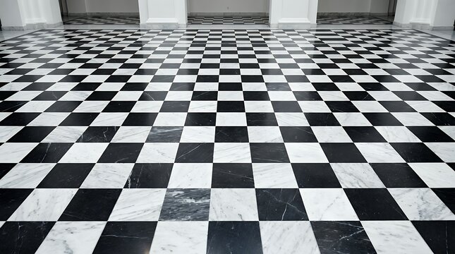 A striking background featuring a classic checkerboard pattern of polished black and white marble tiles with a high-shine finish natural veining and timeless elegance. shiny old marble black and