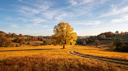 Fototapeta premium Golden autumn tree in a meadow. Vibrant fall landscape with yellow foliage and blue sky.
