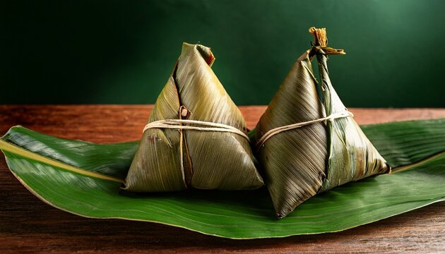 traditional asian zongzi dumplings wrapped in leaves on banana leaf