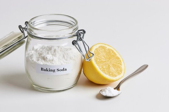 The Baking Soda Jar with Lemon Slice on White Kitchen Surface