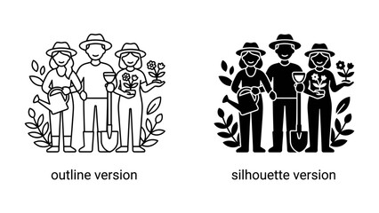 Obraz premium Gardeners Duo and Trio: Two graphic representations, an outline and a silhouette, showcase a group of gardeners with a watering can, shovel, and blooming flowers.