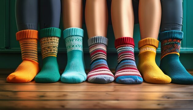 cozy comfort feet in a row of multi colored socks a tactile symphony of textures inviting the viewer into the warmth and embrace of cozy indoors