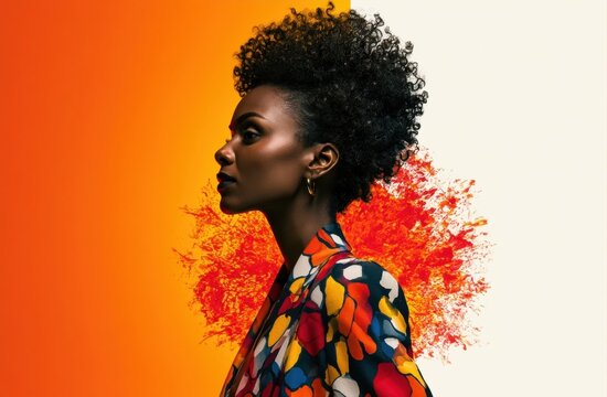 Portrait of a black woman with dark skin and textured afro hair in a vibrant patterned shirt against a split orange and cream with red splatter accents
