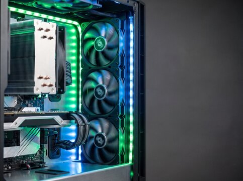 Internal view of high-performance custom PC build with RGB lighting and triple intake fans