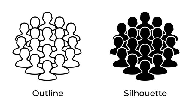 Group of People: Two distinct groups of people are depicted, one in outline and the other in silhouette, representing crowds or community.