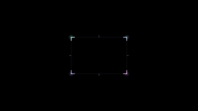 Abstract animated targeting reticle with a box drawn as violet and blue glowing lines and dots on a deep dark background. Clean minimal motion graphics element with free space around it, ideal for tit