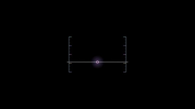 Abstract animated rangefinder measurement scale drawn as violet and blue glowing lines and dots on a deep dark background. Clean minimal motion graphics element with free space around it, ideal for ti